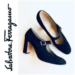 Salvatore Ferragamo black suede heels with buckle